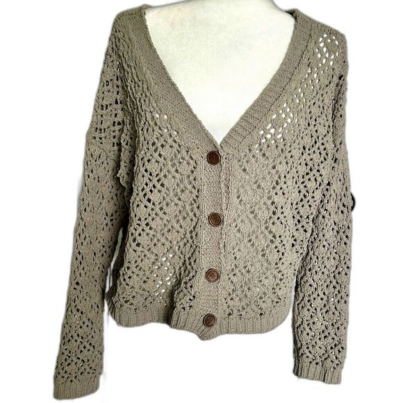 Artelier‎ Nicole Miller Button Knit open weave Cardigan Sweater Khaki Size XL - Picture 1 of 6